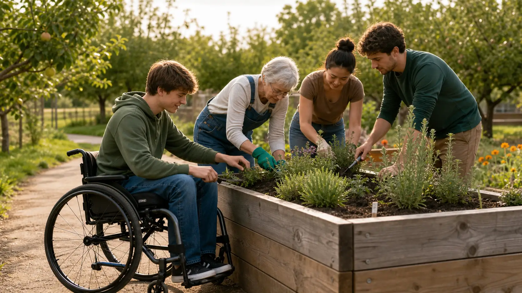 A wheelchair-using teen, an older adult, a young woman, and a volunteer planting together at an accessible raised garden bed beside a wide orchard path.