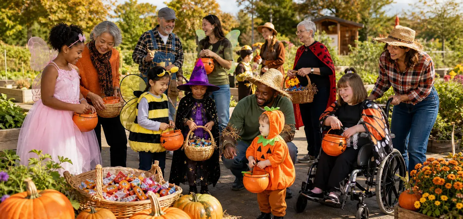 Children, adults, and seniors of varied abilities in friendly costumes gather with pumpkins and wrapped candy in an accessible community orchard.